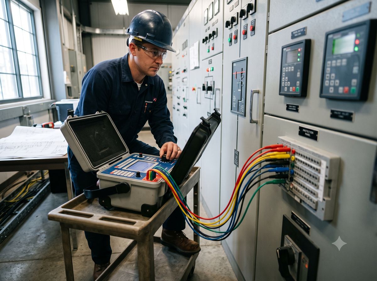 Técnico executando ensaio com mala de teste em subestação